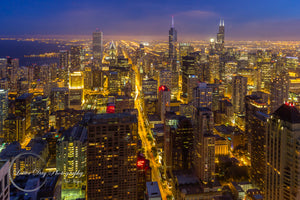 Original fine art photography aerial shot of downtown Chicago at dusk. 