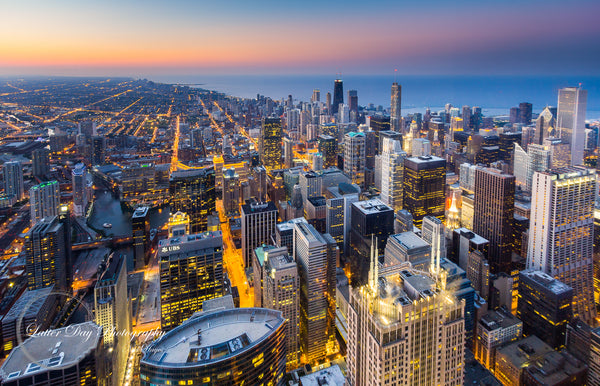 Original fine art photography aerial shot of downtown Chicago Ilinois.