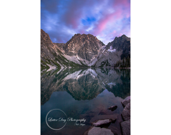 Original fine art photography at sunset of a beautiful alpine reflection in Colchuck Lake.