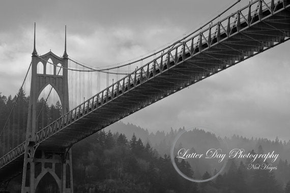 Beautiful original fine art photography print of fog surrounding St. Johns Bridge in Portland Oregon.