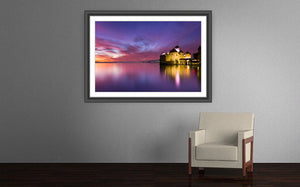 Original fine art photography print of a sunset being casted over The Chateau Chillon. This is a gorgeous castle located in the most beautiful setting imaginable, on the shores of Lake Geneva, right at the foot of the Alps. 